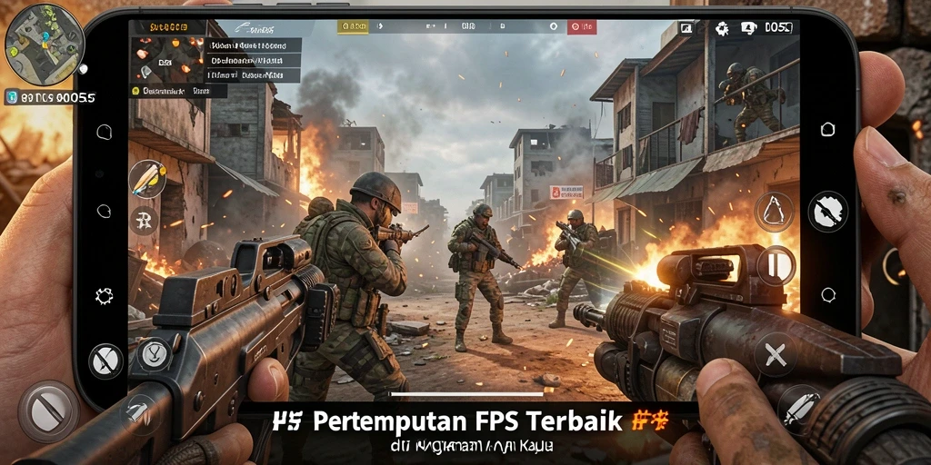 Screenshot menunjukkan aksi intens dalam pertempuran FPS yang mendebarkan.