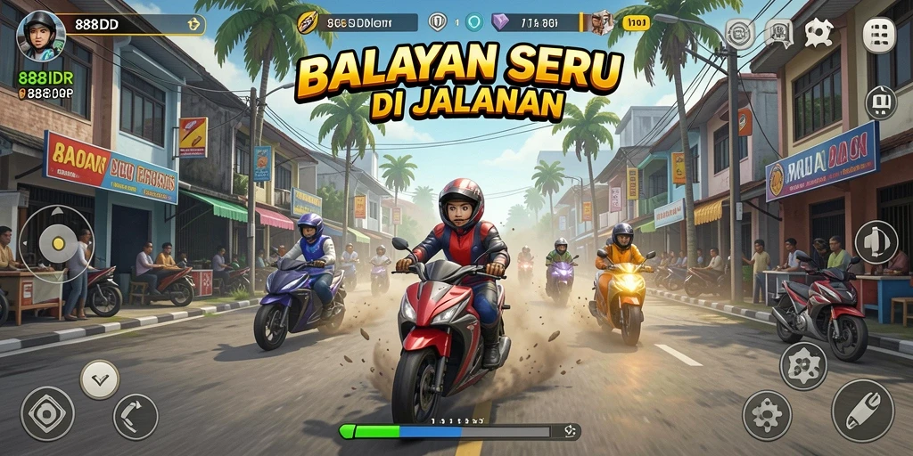 Gameplay 888IDR dengan balapan mendebarkan di jalanan.