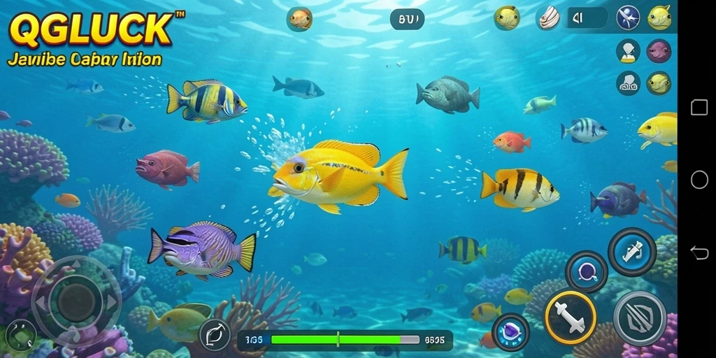 Screenshot QGLUCK menampilkan aksi seru menembak ikan.